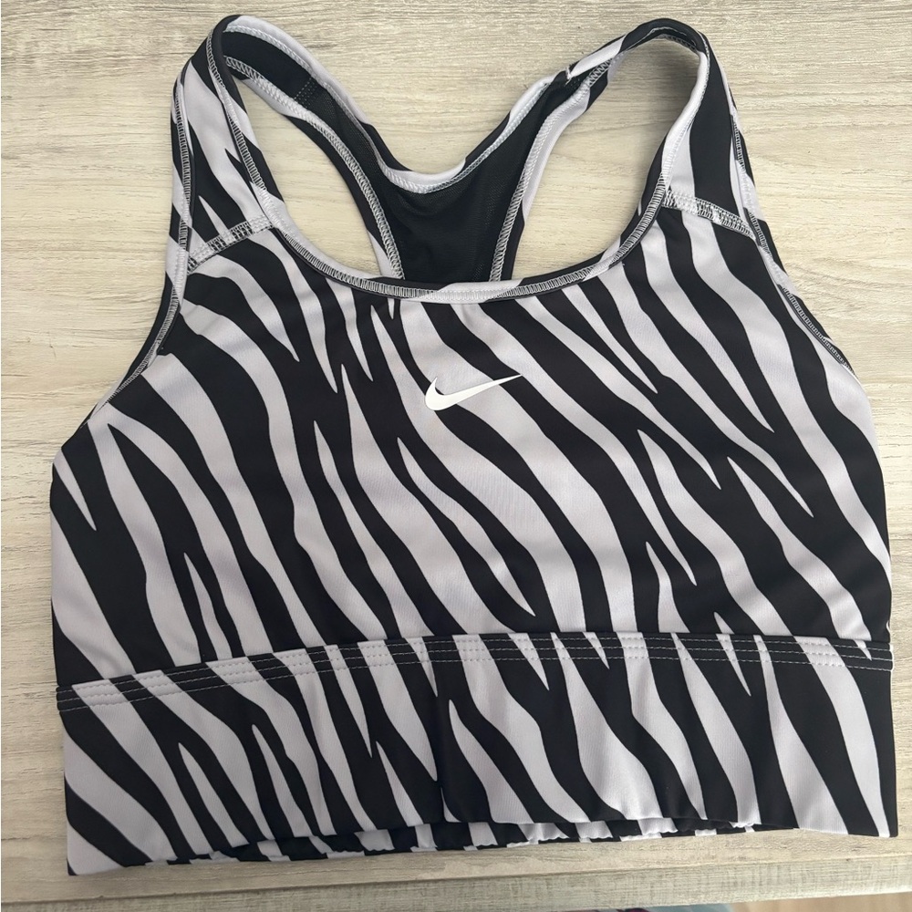 Nike Dri-FIT Swoosh Icon Clash 1-Piece Pad Longline Zebra Sports Bra Small